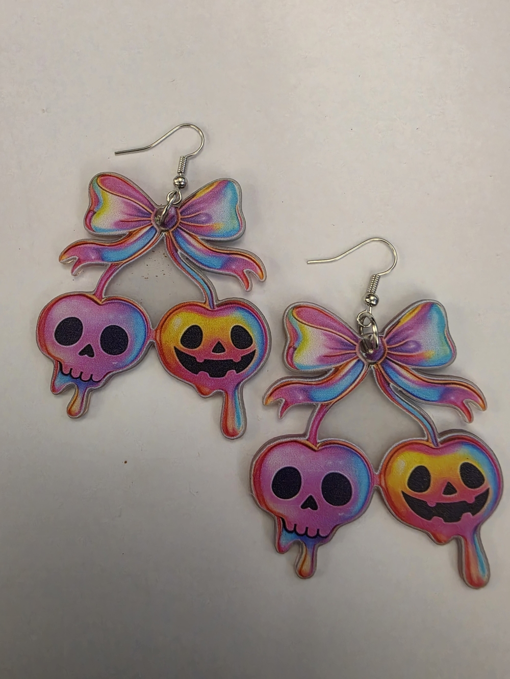 Rainbow Skull Pumpkin Bow Dangle Earrings